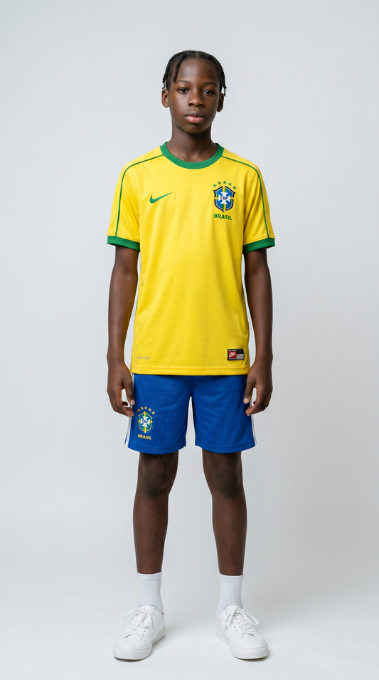 Camisa de futebol Brasil 1998 Casa Infantil retrô infantil