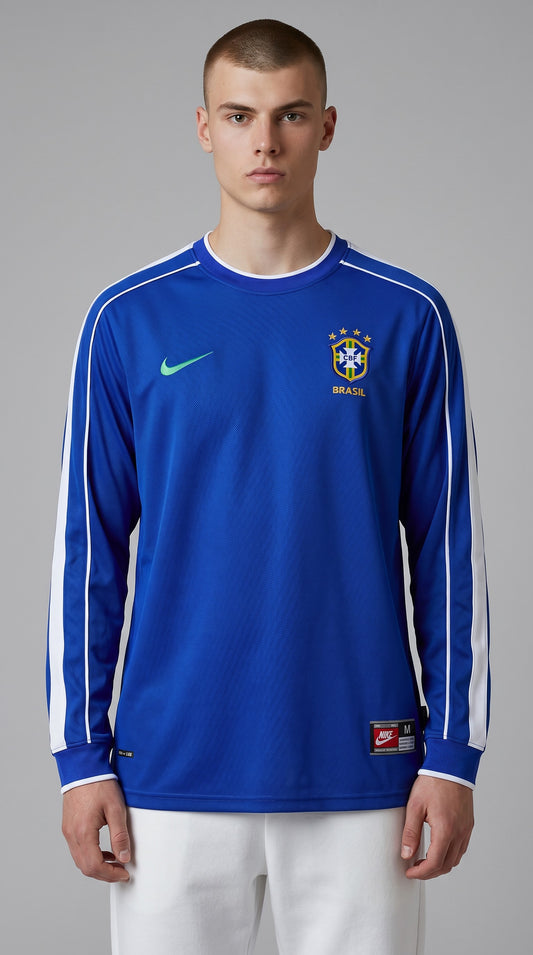 Camisa de futebol Brasil 1998 Fora Manga Longa retrô