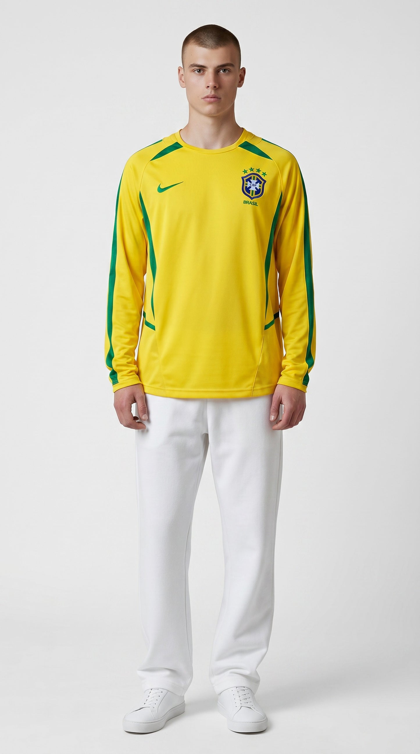 Camisa de futebol Brasil 2002 Casa Manga Longa retrô