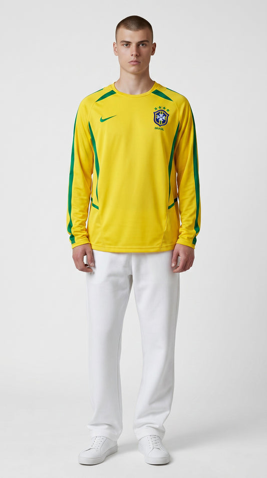 Camisa de futebol Brasil 2002 Casa Manga Longa retrô