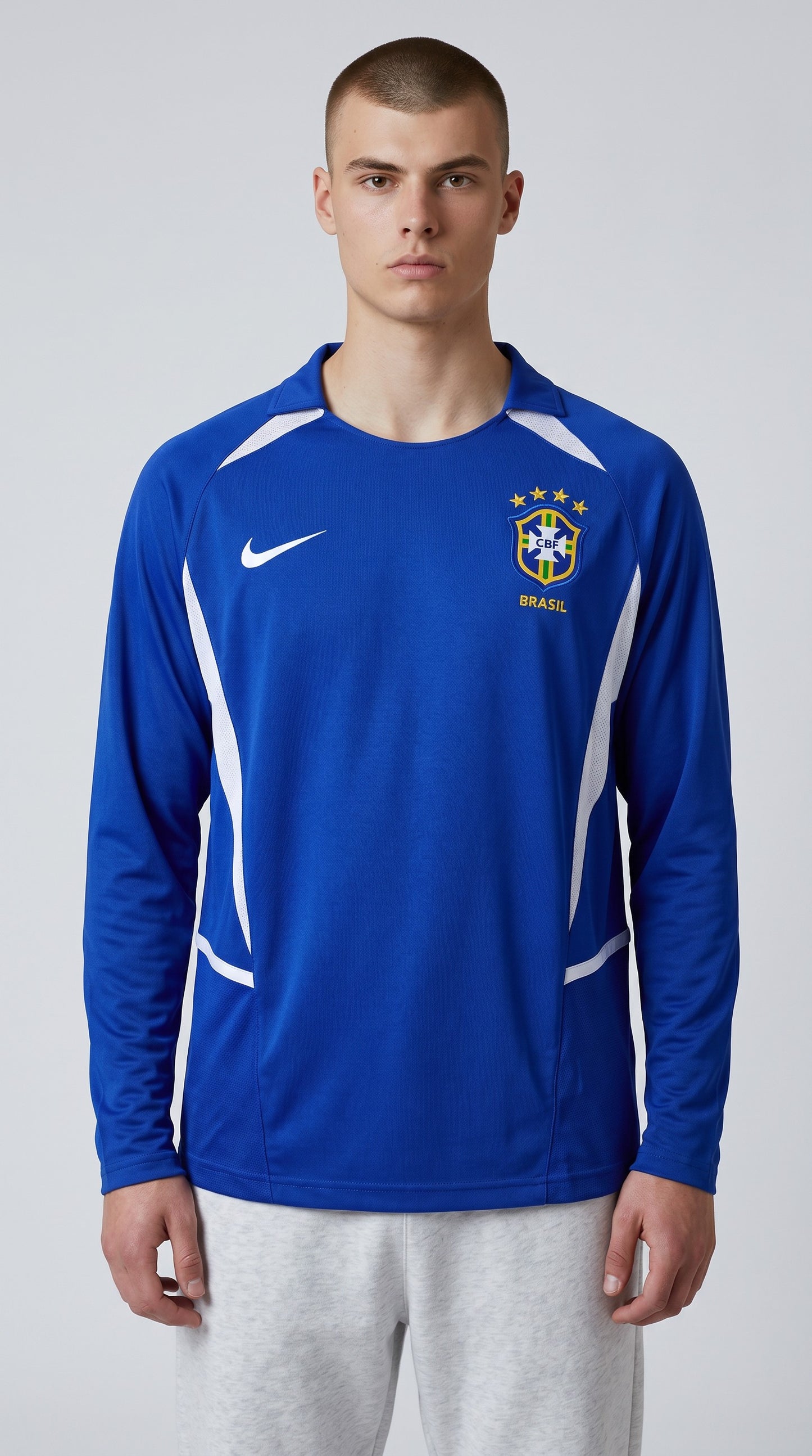 Camisa de futebol Brasil 2002 Fora Manga Longa retrô