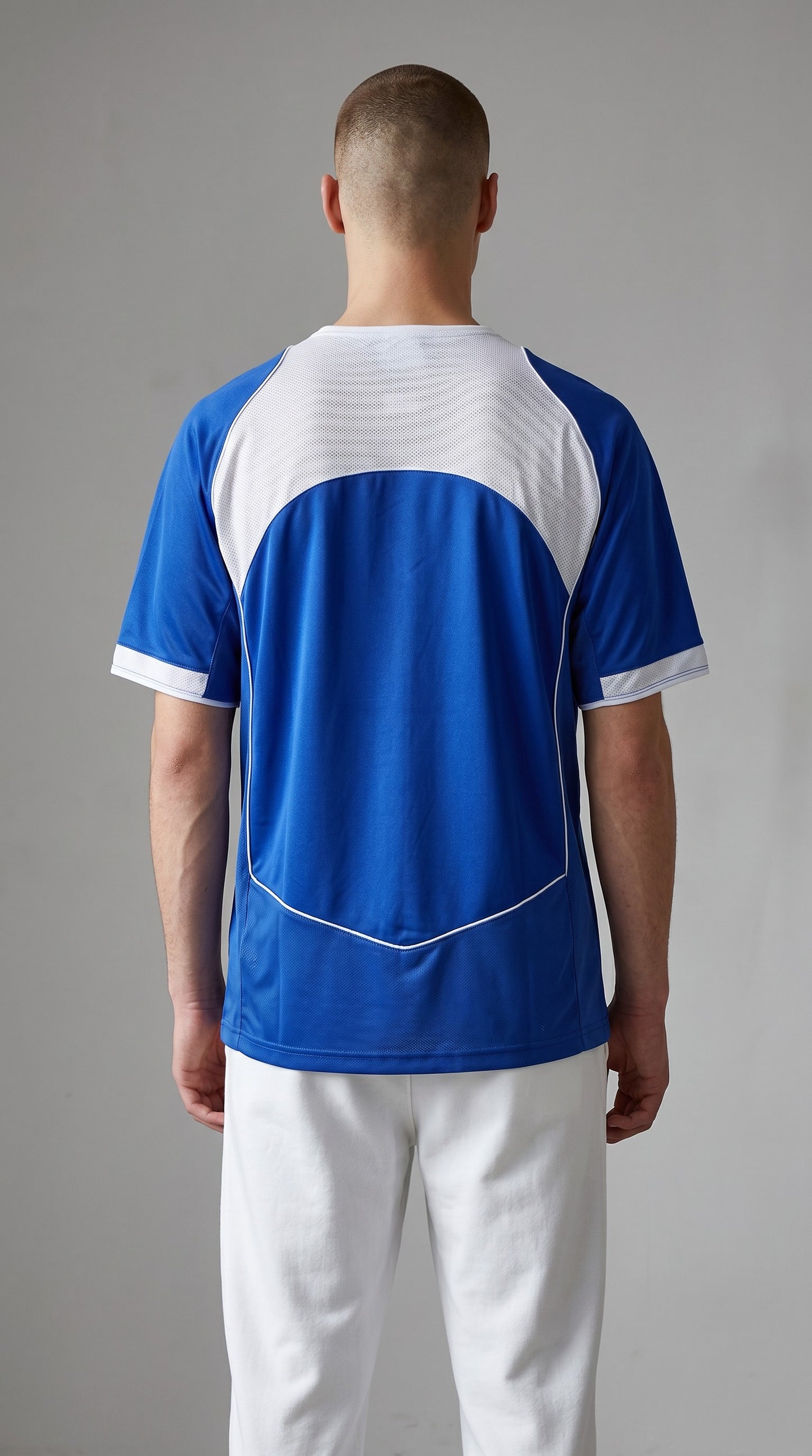 My Store 8 blue and white short-sleeve soccer jersey with mesh panels on the back and sides.