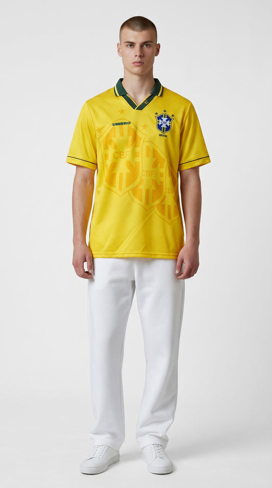 Model wearing My Store 8 yellow Brasil 1994 home soccer jersey with green collar and CBF crest on white background