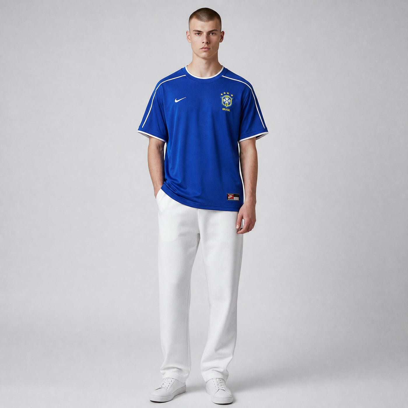 My Store 8 Brasil 1998 football jersey in royal blue with white trim and Nike logo. Features embroidered crest.