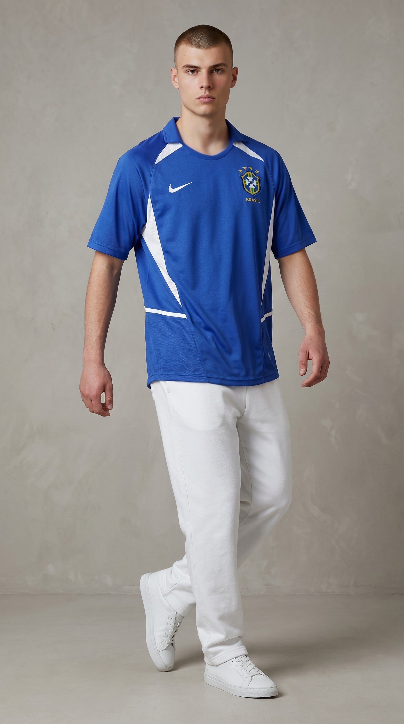 My Store 8 Brasil 2002 away football jersey for men, royal blue with white accents and Brazil crest.