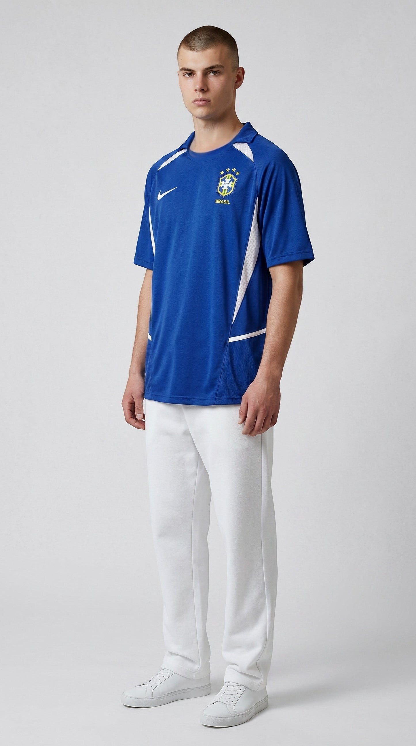 My Store 8 blue polyester soccer jersey with white accents, featuring the Brasil 2002 crest and Nike logo.