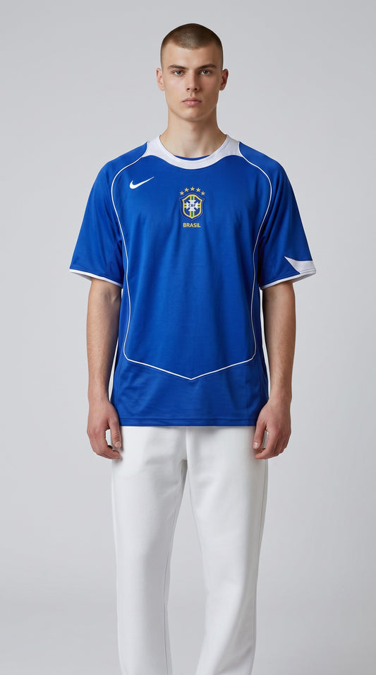 My Store 8 Brasil 2004-06 away soccer jersey. Royal blue with white accents and trim. Features embroidered crest and Nike swoosh.
