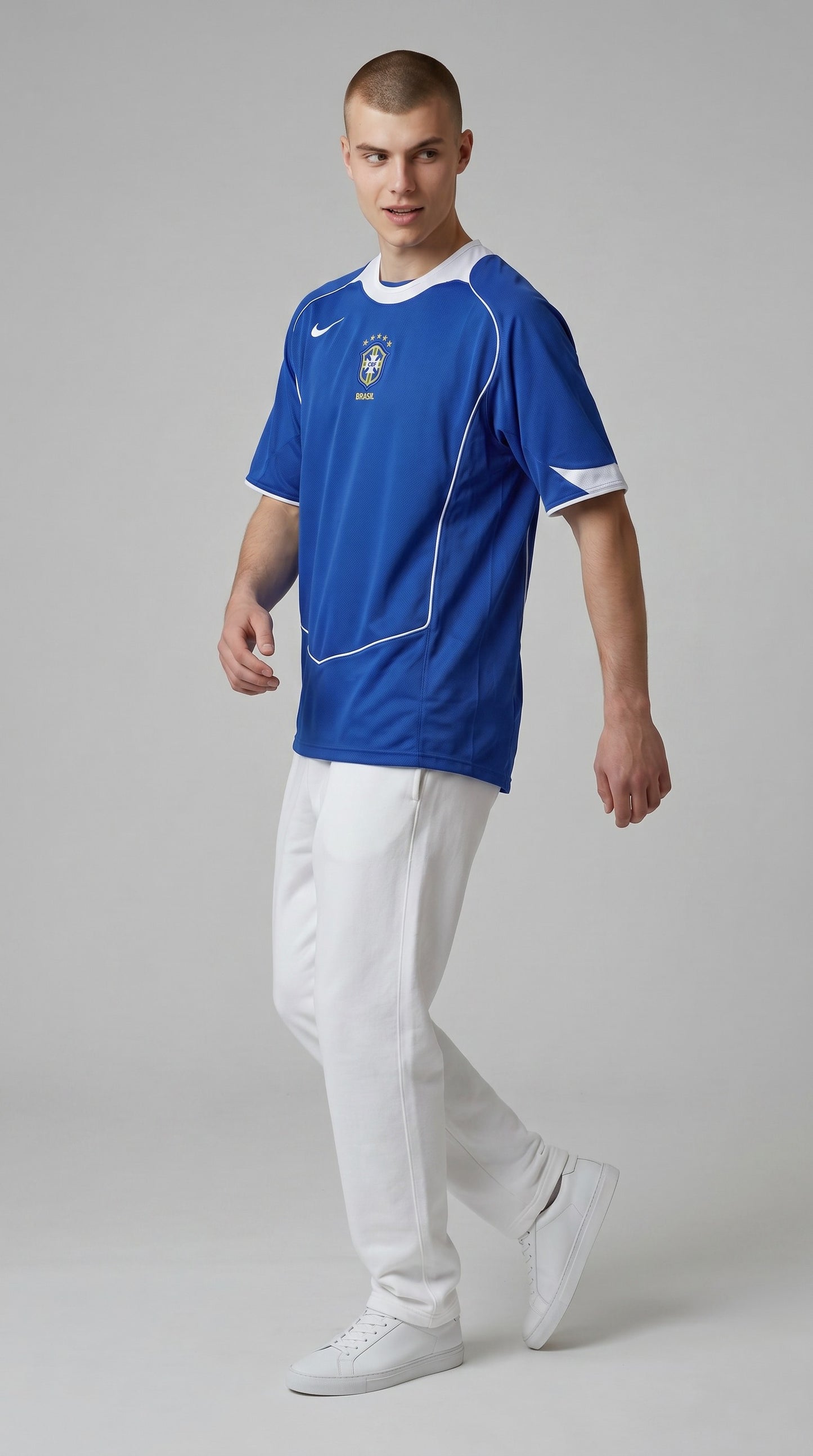 My Store 8 blue 2004-06 Brazil away soccer jersey with white trim and CBF crest. Polyester.