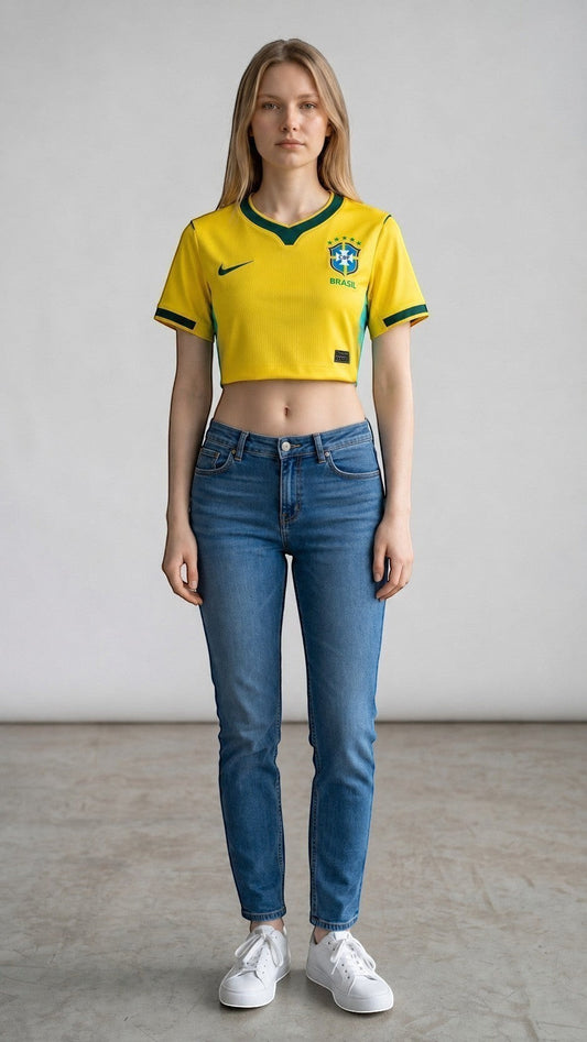My Store 8 yellow Brasil 2026 women's crop top jersey with green trim, worn by a model with blue jeans.