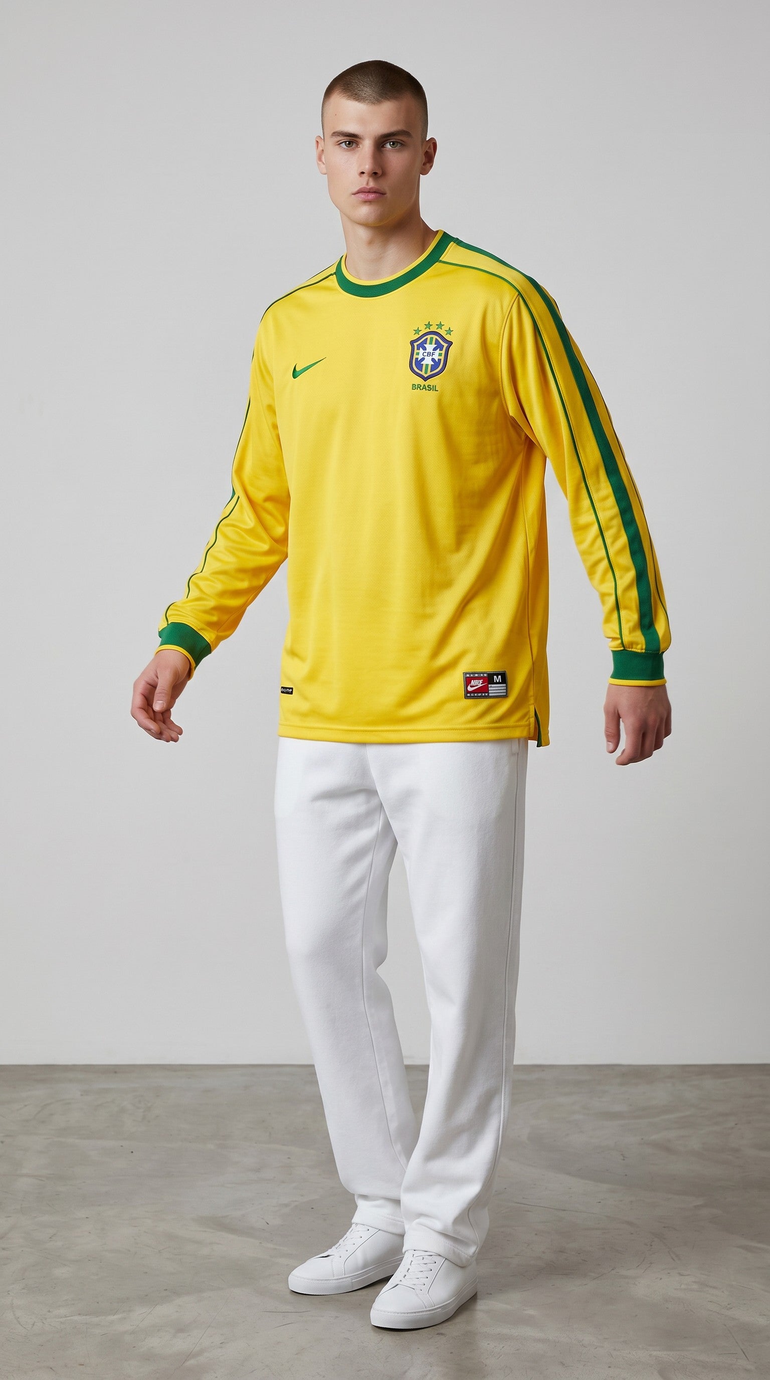 Model wearing My Store 8 yellow Brazil 1998 long-sleeve football jersey with green trim and team crest.