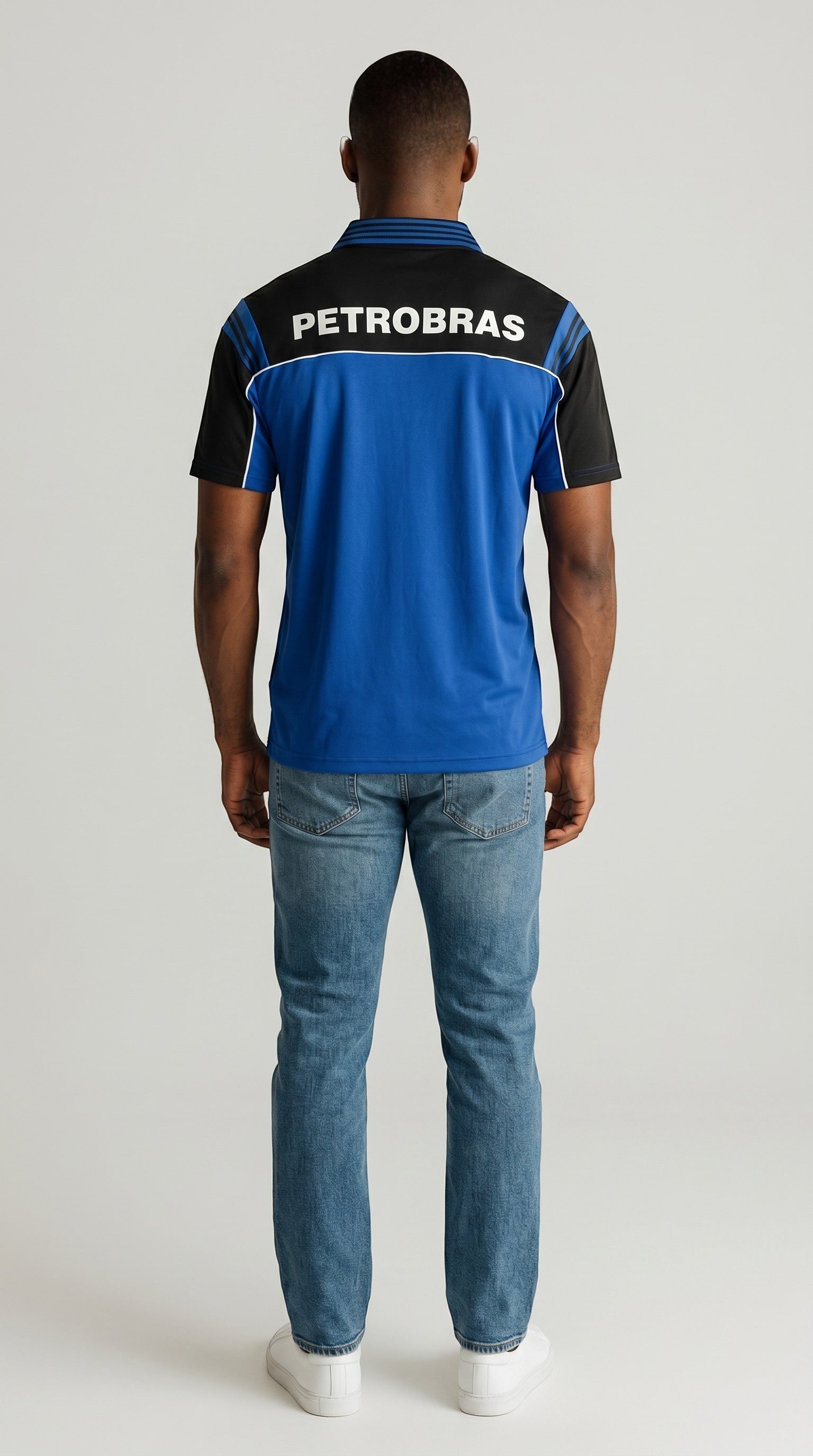 My Store 8 Flamengo 1999 goalkeeper football jersey in blue and black with Petrobras logo, worn by a male model.